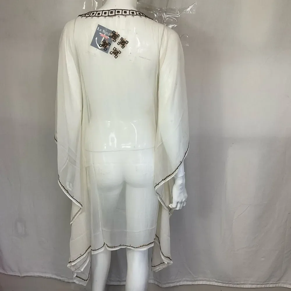 NEW Le Soleil Miami White Brown 100% Silk Tassel Front Tunic Dress Size S/M